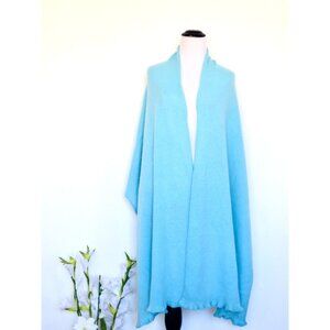 Oversized 100% Cashmere Wrap Scarf Shawl Wrap Ruffle Hem Light Blue